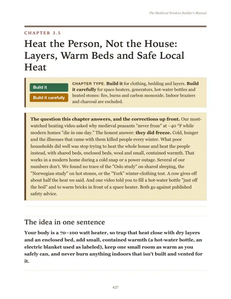 The opening page of Chapter 3.5, Heat the Person, Not the House, with its two labels, the question and the corrections.