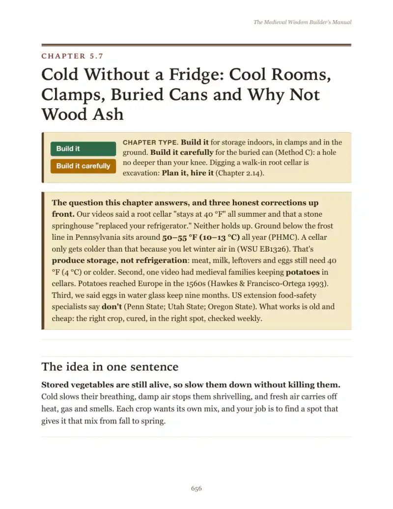 The opening page of Chapter 5.7, Cold Without a Fridge: Cool Rooms, Clamps, Buried Cans and Why Not Wood Ash.